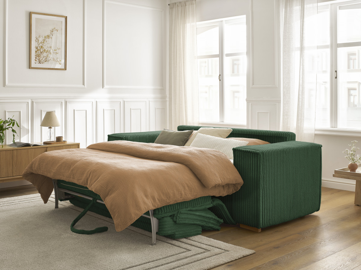 Bobochic Chelsea Schlafsofa 3-Sitzer Cordsamt Grün, Liegefläche 140 × 200 cm