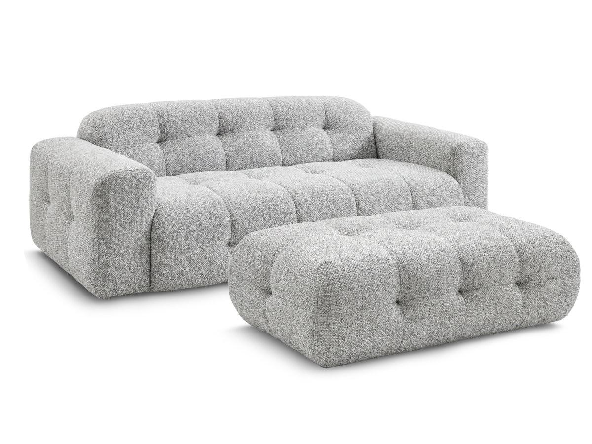 Bobochic Laura Sofa 3-Sitzer mit großem Pouf Melange-Stoff Hellgrau