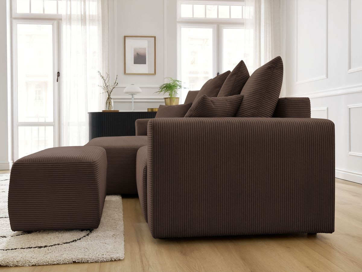 Bobochic Atilla Ecksofa mit Schlaffunktion und Bettkasten und Pouf Cordsamt Braun Ecke links