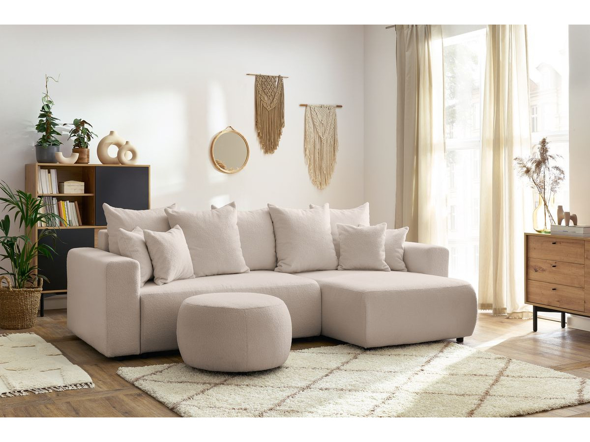Bobochic Envy Ecksofa mit Schlaffunktion und Bettkasten und rundem Pouf Bouclé-Stoff Beige