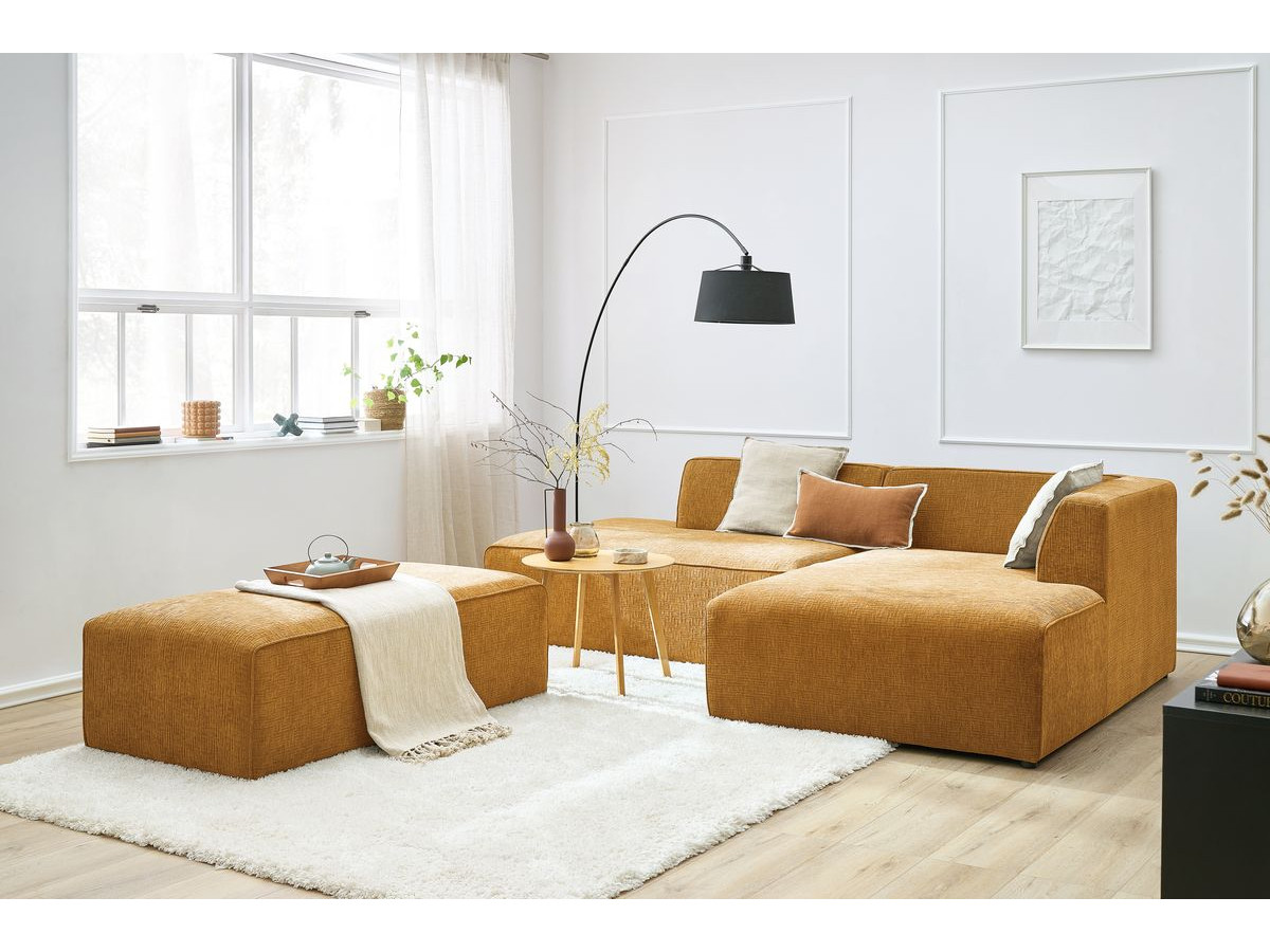 Bobochic Megeve Ecksofa mit Schlaffunktion und Pouf Strukturstoff Gelb Ecke rechts