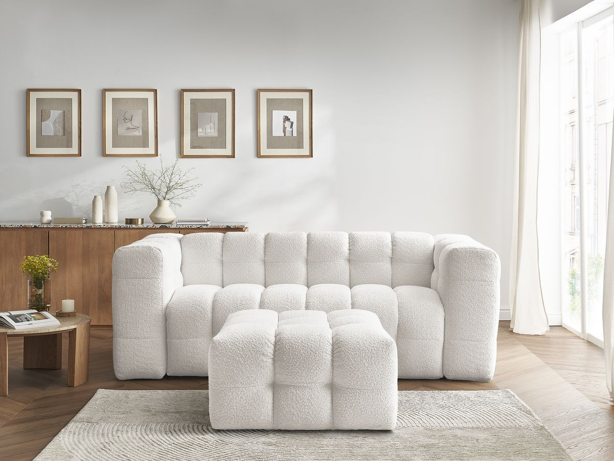 Bobochic Cloud Schlafsofa 3-Sitzer mit Pouf Bouclé-Stoff Weiß