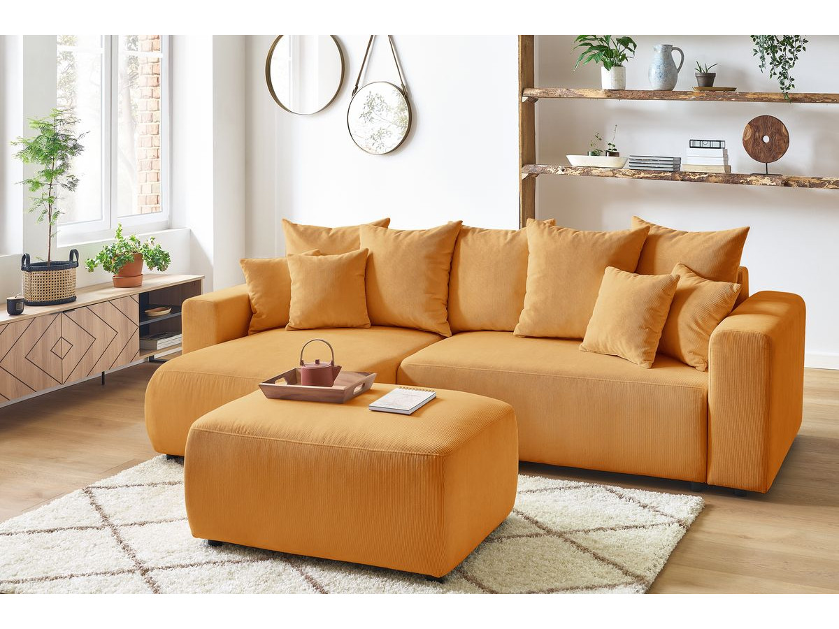 Bobochic Envy Ecksofa mit Schlaffunktion und Bettkasten und Pouf Cordsamt Gelb