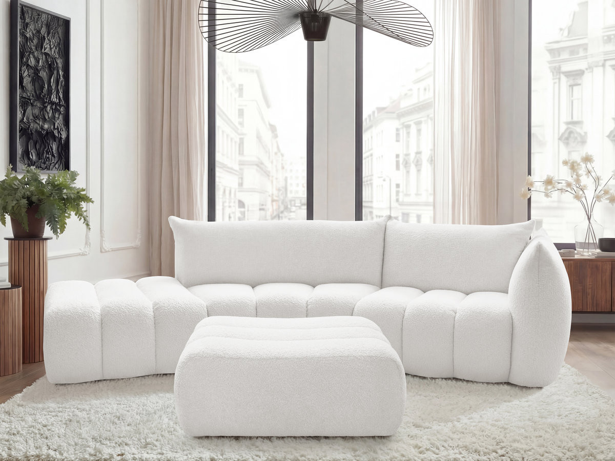 Bobochic Azra Ecksofa mit Pouf 325 × 112 cm Bouclé-Stoff Weiß Ecke rechts
