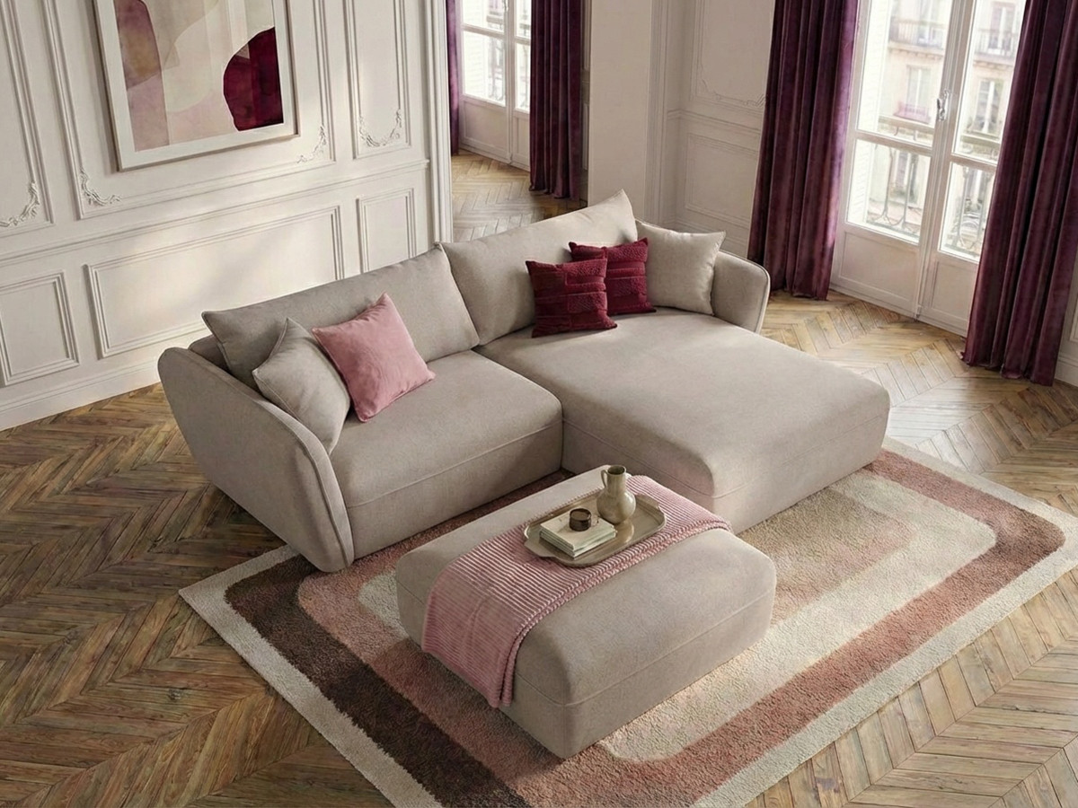 Bobochic Luigi Ecksofa mit Pouf Strukturstoff Beige Ecke rechts