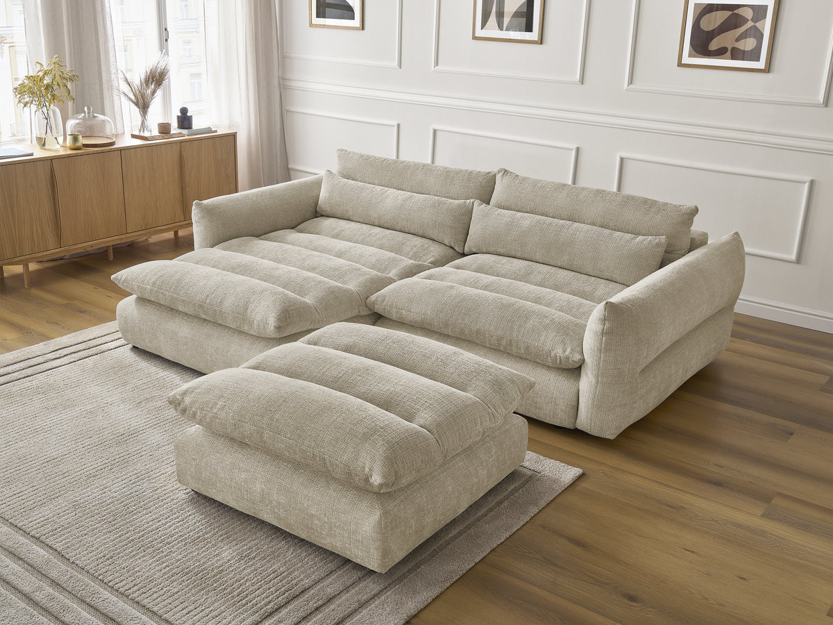 Bobochic Neil Ecksofa mit Pouf Strukturstoff Beige Ecke links