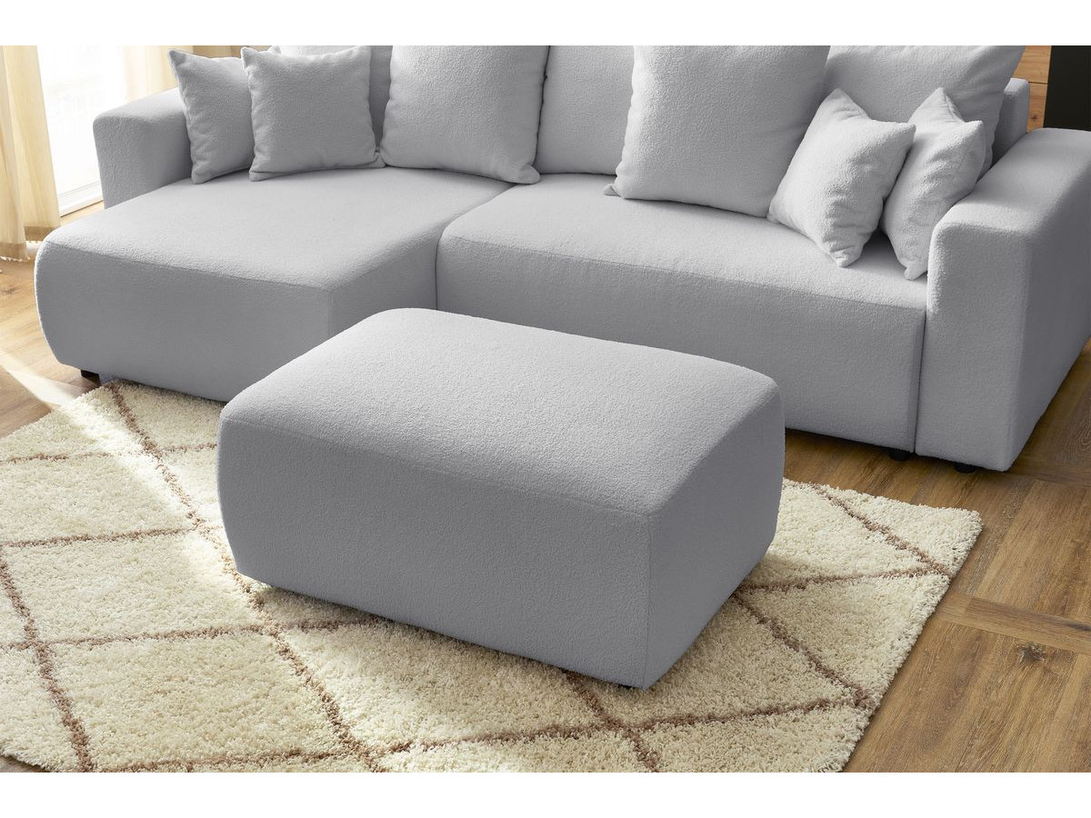 Bobochic Envy Ecksofa mit Schlaffunktion und Bettkasten und rechteckigem Pouf Bouclé-Stoff Hellgrau