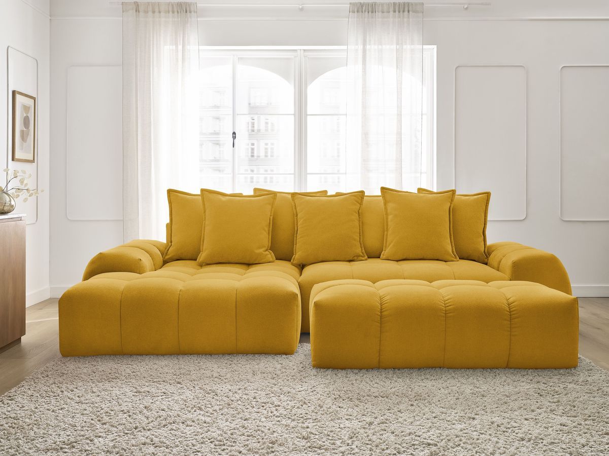 Bobochic Everest Ecksofa mit Schlaffunktion und Bettkasten und Pouf 318 × 180 cm, 7 Kissen Strukturstoff Gelb Ecke links