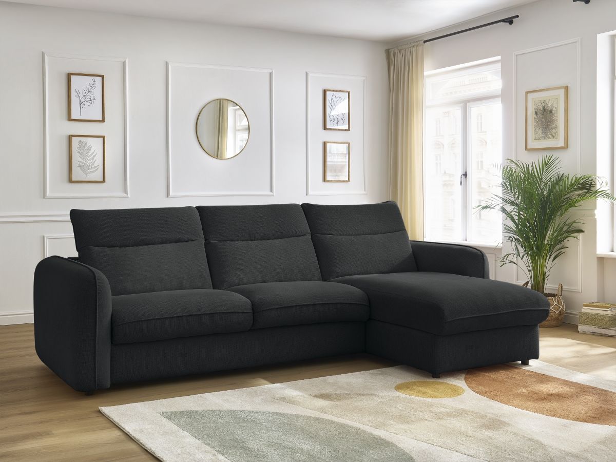 Bobochic Achille Ecksofa mit Schlaffunktion und Bettkasten Melange-Stoff Schwarz, Liegefläche 140 × 200 cm