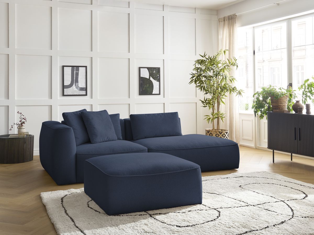 Bobochic Leopold Sofa 4-Sitzer mit Pouf Melange-Stoff Dunkelblau Armlehne links