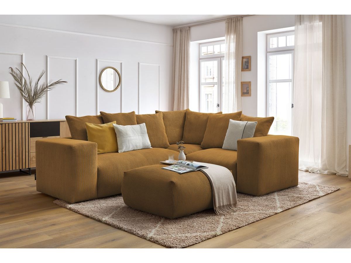 Bobochic Voltaire Ecksofa mit Pouf 268 × 214 cm Cordsamt Gelb Ecke rechts