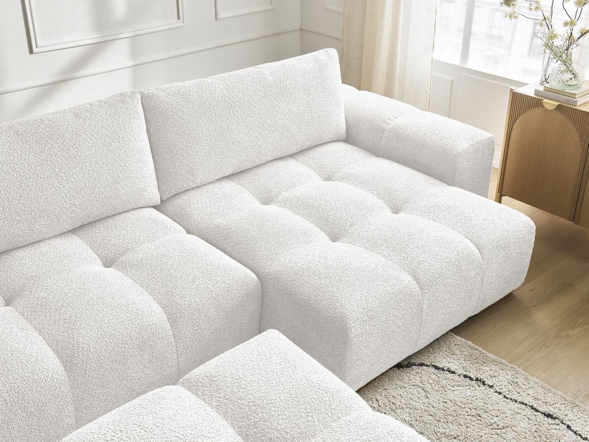 Bobochic Anakin Wohnlandschaft mit Pouf, 3 Kissen Bouclé-Stoff Weiß