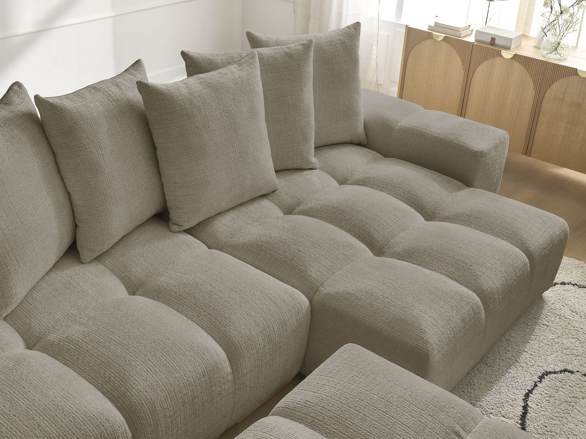 Bobochic Anakin Ecksofa mit Schlaffunktion und Bettkasten und Pouf, 6 Kissen Strukturstoff Taupe