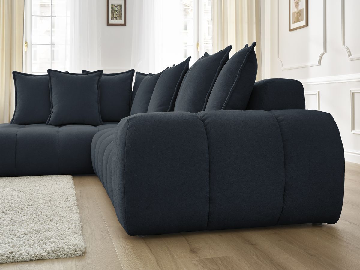 Bobochic Everest Ecksofa, 10 Kissen Strukturstoff Dunkelblau Ecke links