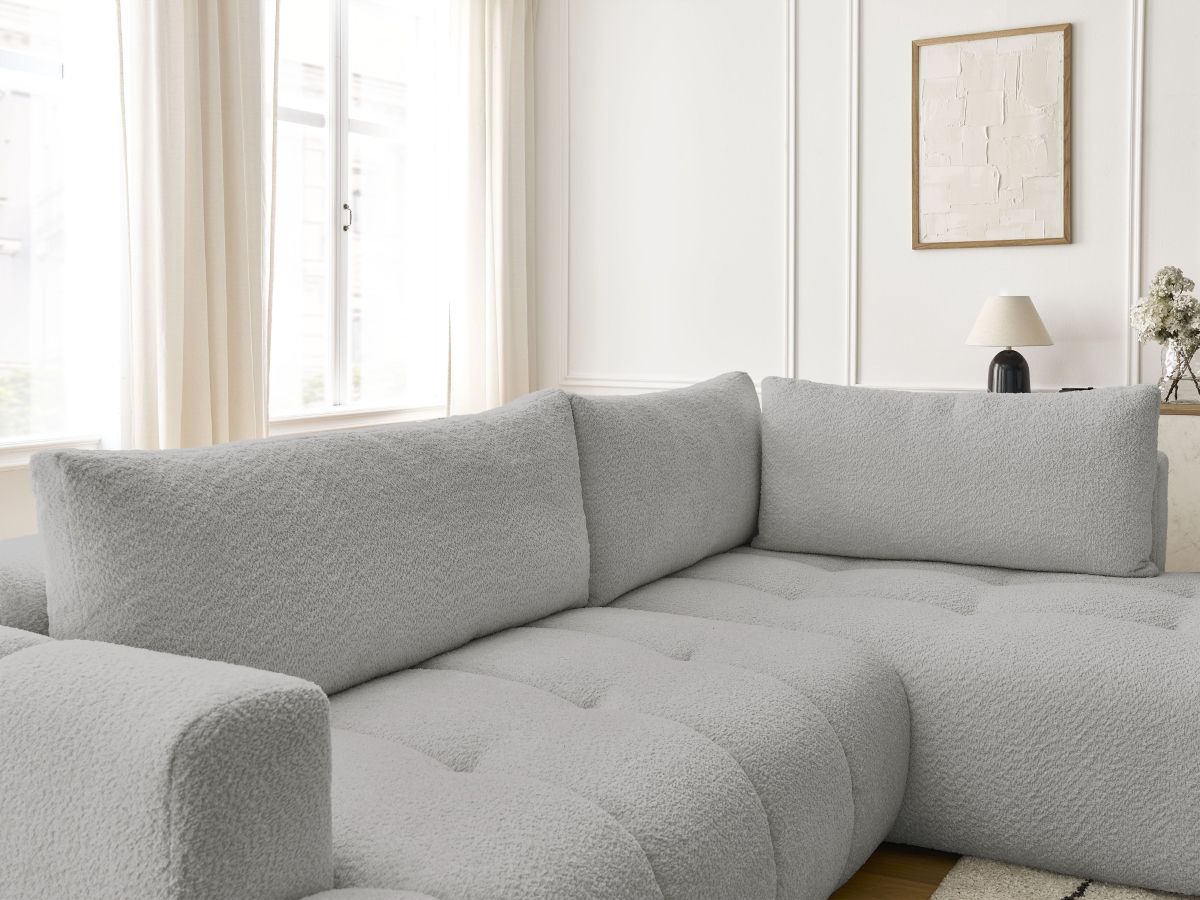 Bobochic Fuji Ecksofa mit Schlaffunktion und Bettkasten 282 × 204 cm Bouclé-Stoff Hellgrau Ecke rechts