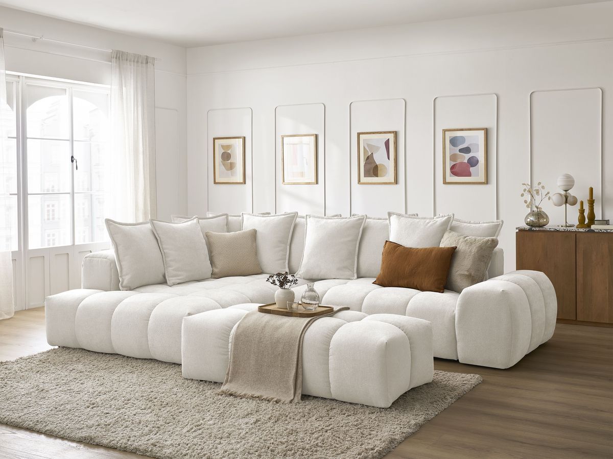 Bobochic Everest Ecksofa mit Schlaffunktion und Bettkasten und Pouf 320 × 212 cm, 10 Kissen Strukturstoff Weiß Ecke links