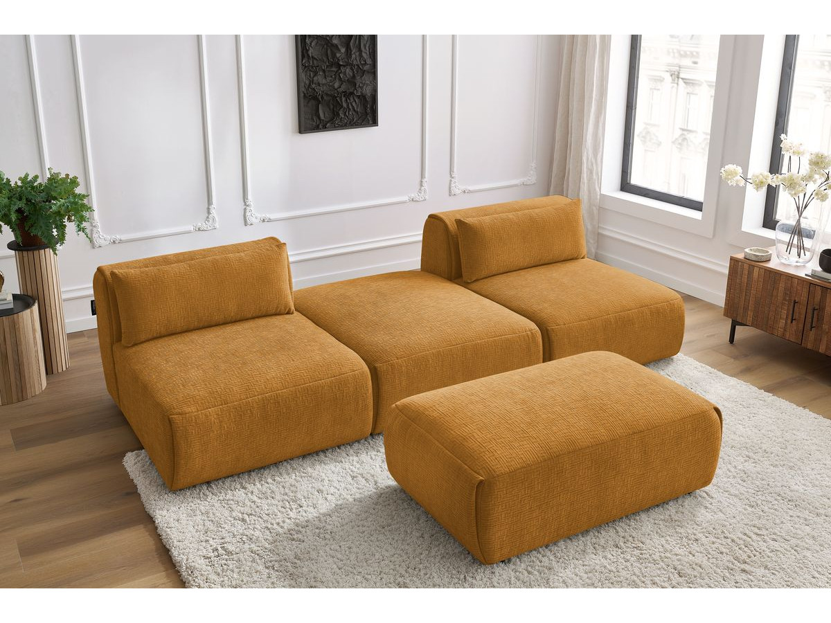 Bobochic Jeanne Sofa 4-Sitzer mit Pouf Strukturstoff Gelb