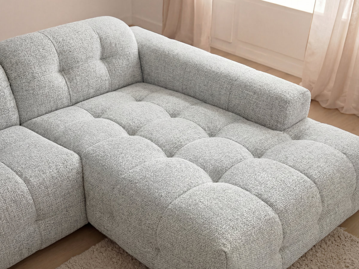 Bobochic Laura Ecksofa mit großem Pouf Melange-Stoff Hellgrau Ecke rechts