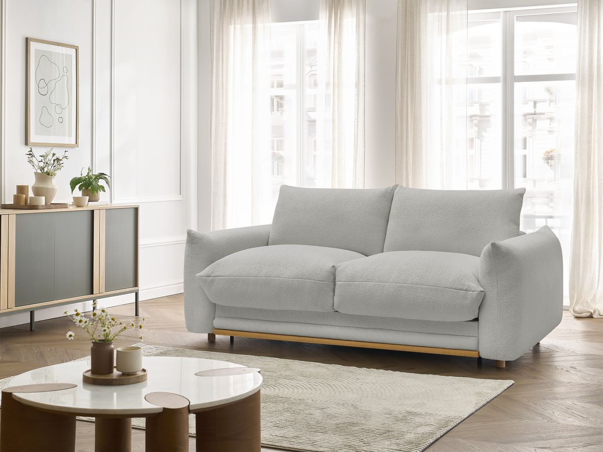 Bobochic Ernest Schlafsofa 3-Sitzer, Liegefläche 190 × 140 / 160 cm Bouclé-Stoff Hellgrau, Liegefläche 140 × 190 cm