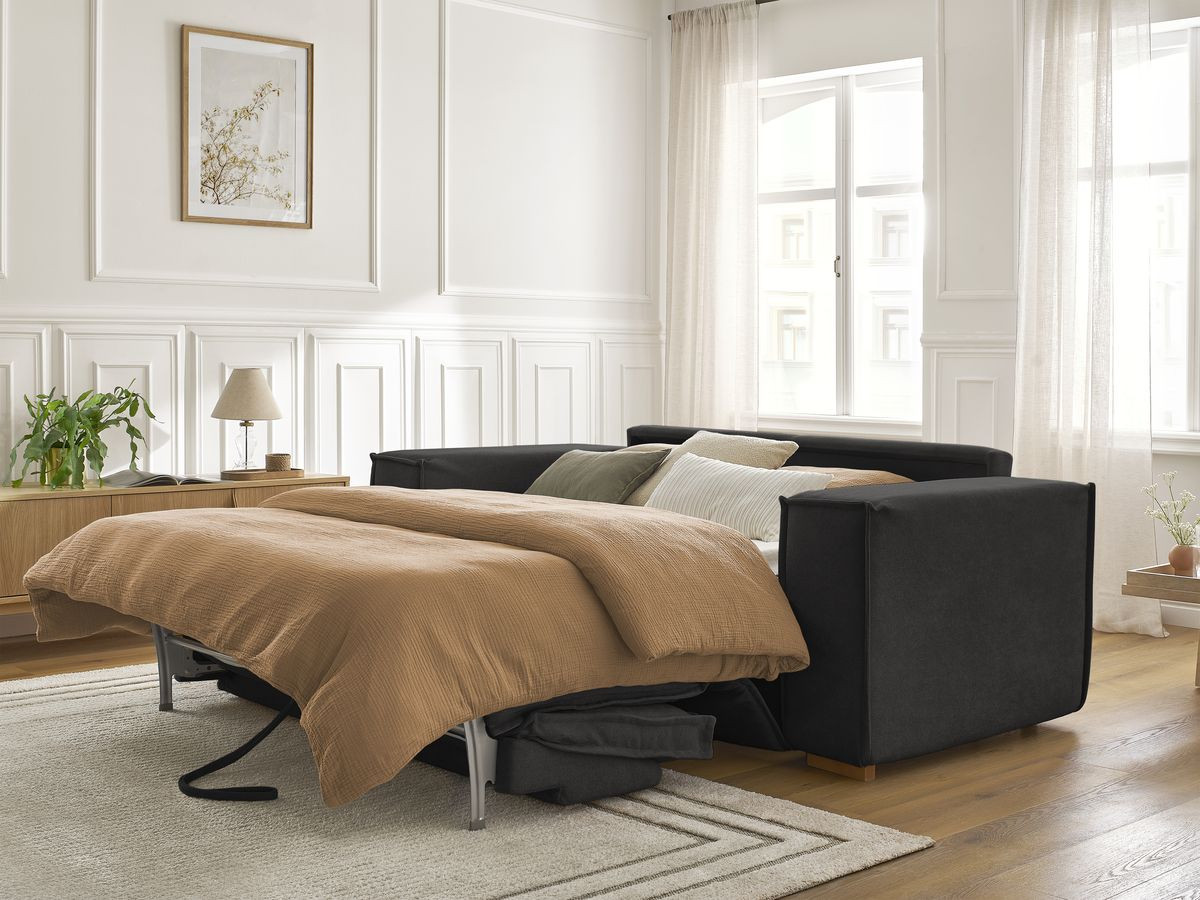 Bobochic Chelsea Schlafsofa 3-Sitzer Strukturstoff Schwarz, Liegefläche 160 × 200 cm