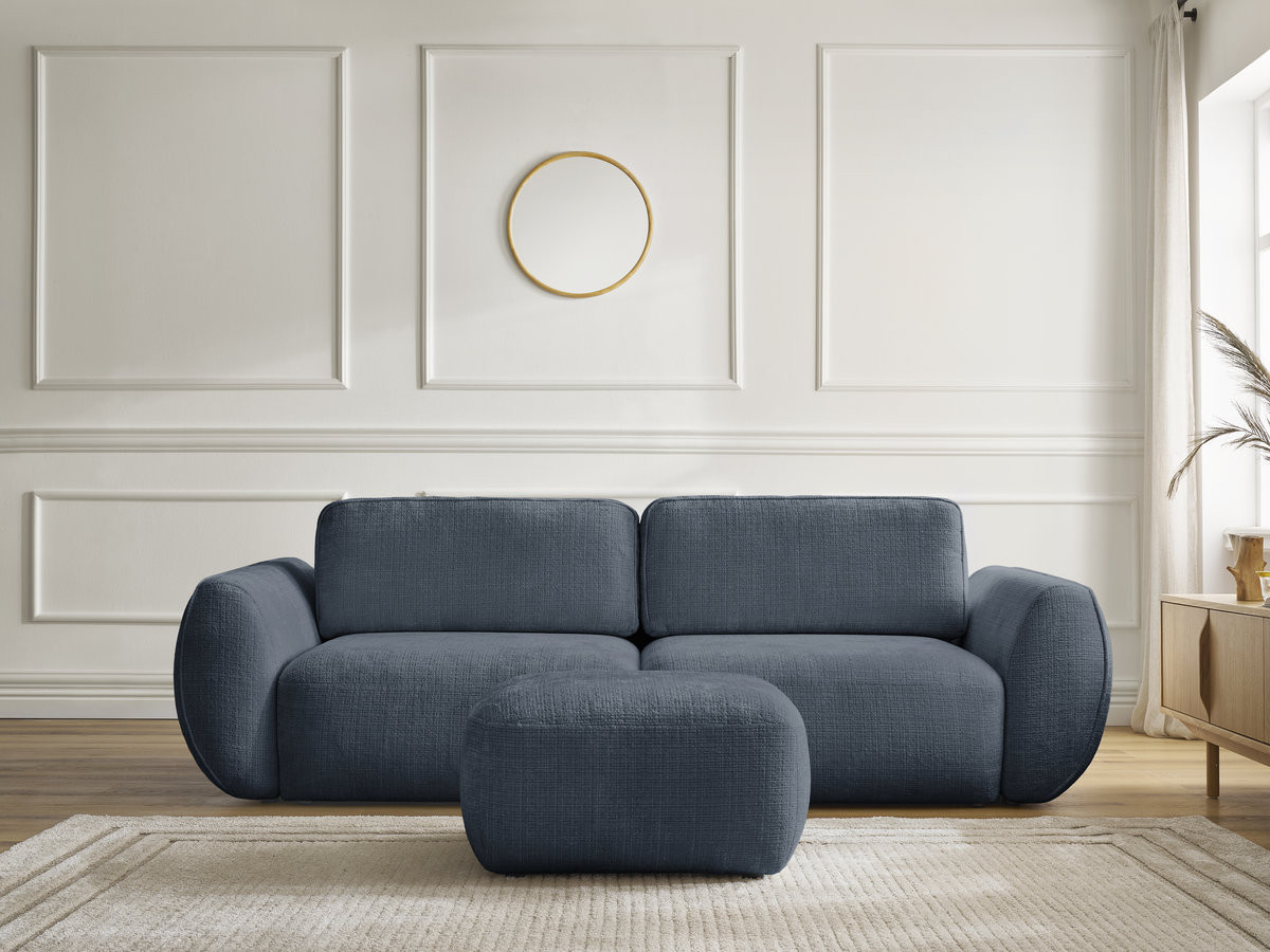 Bobochic Denise Schlafsofa 3-Sitzer mit Bettkasten und Pouf Strukturstoff Dunkelblau