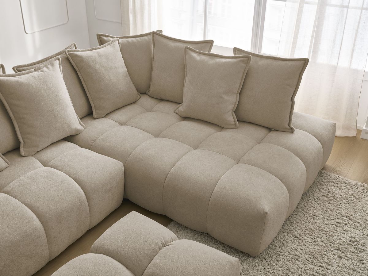 Bobochic Everest Ecksofa mit Schlaffunktion und Bettkasten und Pouf 320 × 212 cm, 10 Kissen Strukturstoff Taupe Ecke rechts
