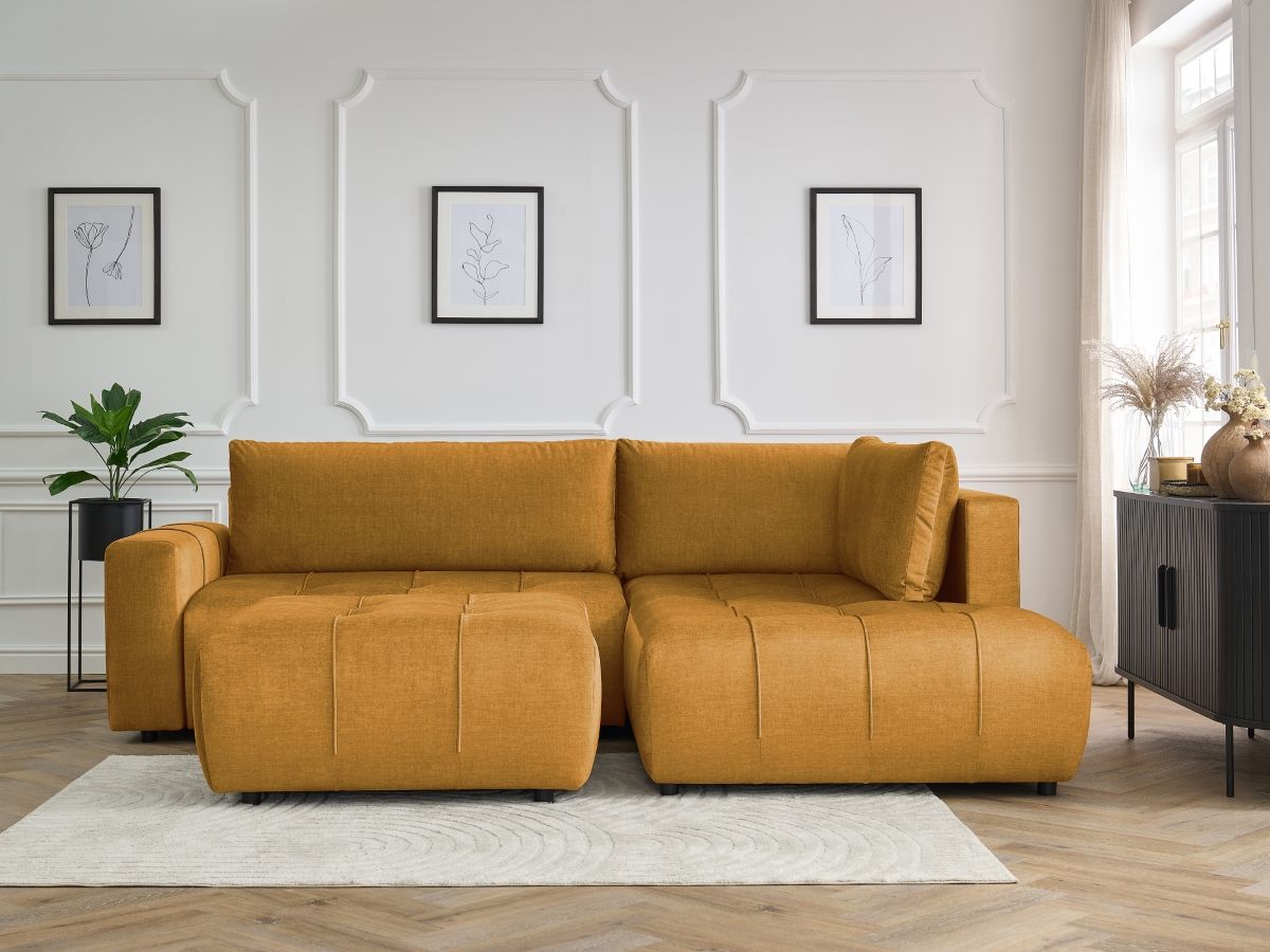 Bobochic Arsene Ecksofa mit Schlaffunktion und Bettkasten und Pouf 277 × 200 cm Samt Gelb Ecke rechts