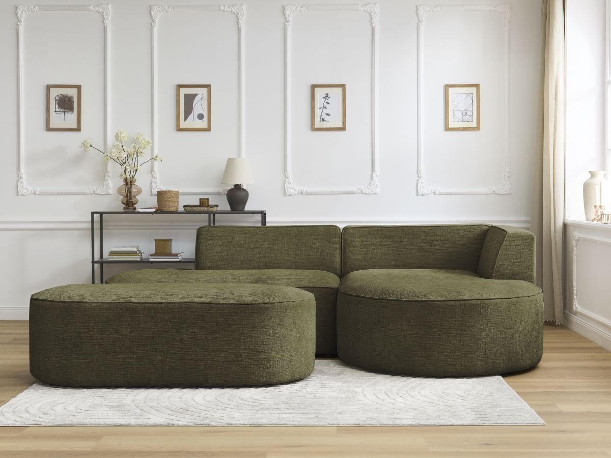 Bobochic Rousseau Ecksofa mit Pouf Strukturstoff Grün Ecke rechts