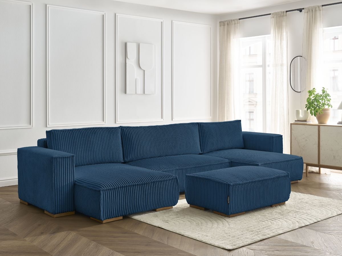 Bobochic Chelsea Wohnlandschaft mit Pouf Breitcord weich Dunkelblau