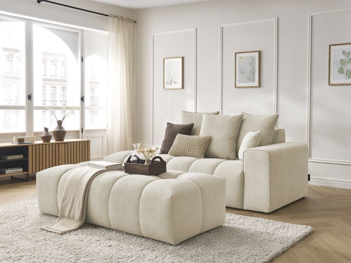 Bobochic Mont-blanc Sofa 5-Sitzer mit Pouf Samt Beige Armlehne rechts