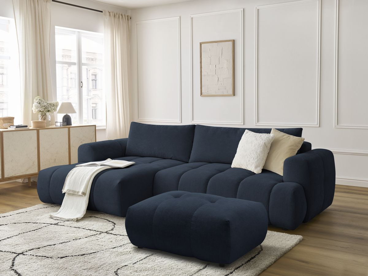Bobochic Fuji Ecksofa mit Schlaffunktion und Bettkasten und Pouf 292 × 160 cm Stoff Dunkelblau Ecke links