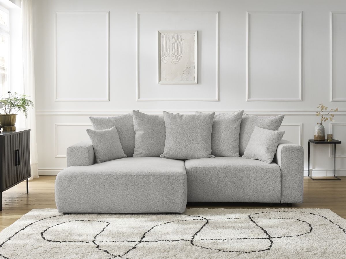 Bobochic Atilla Ecksofa mit Schlaffunktion und Bettkasten Melange-Stoff Hellgrau Ecke links
