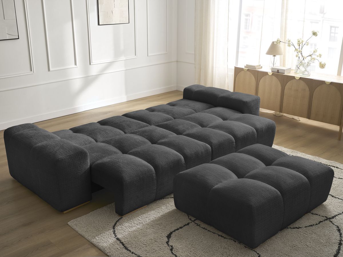 Bobochic Anakin Schlafsofa 3-Sitzer mit Bettkasten und Pouf, 6 Kissen Strukturstoff Schwarz