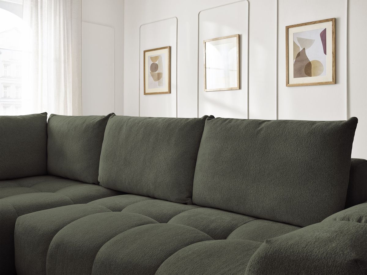 Bobochic Everest Ecksofa mit Schlaffunktion und Bettkasten 320 × 212 cm, 5 Kissen Melange-Stoff Grün Ecke links