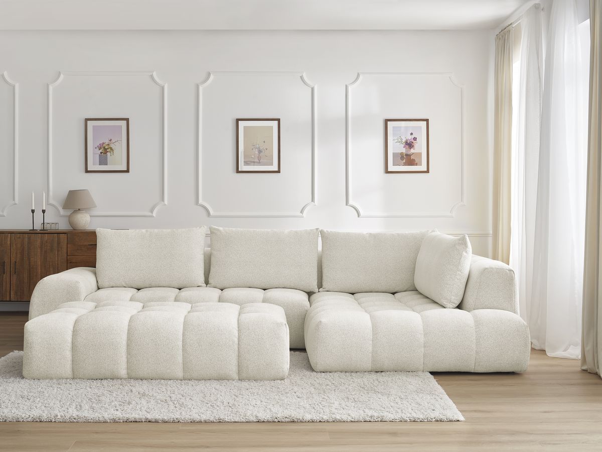 Bobochic Everest Ecksofa mit Schlaffunktion und Pouf, 4 Kissen Melange-Stoff Weiß Ecke rechts