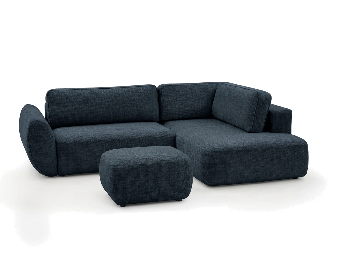 Bobochic Denise Ecksofa mit Schlaffunktion und Bettkasten und Pouf 256 × 197 cm Strukturstoff Dunkelblau Ecke rechts
