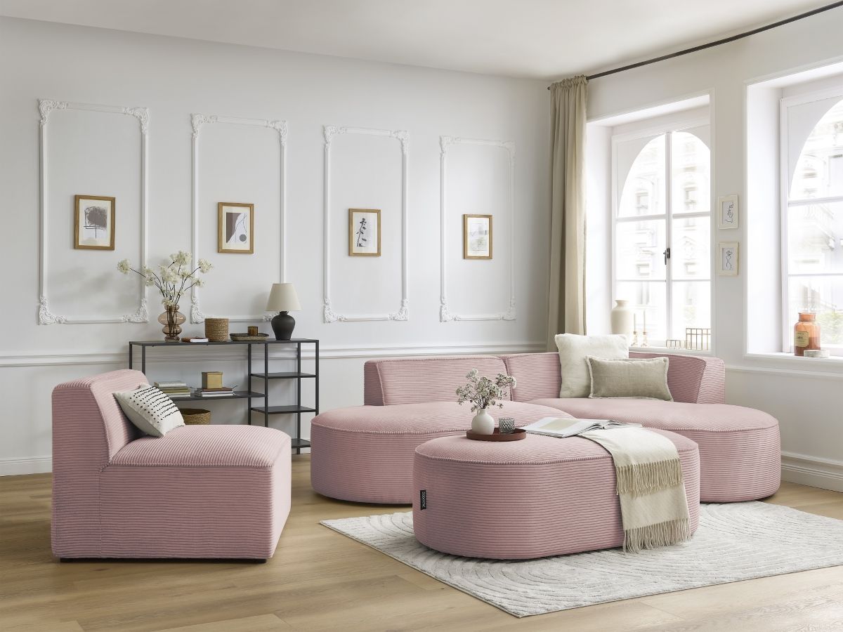 Bobochic Rousseau Ecksofa mit Sofamodul und Pouf Cordsamt Violett Ecke rechts