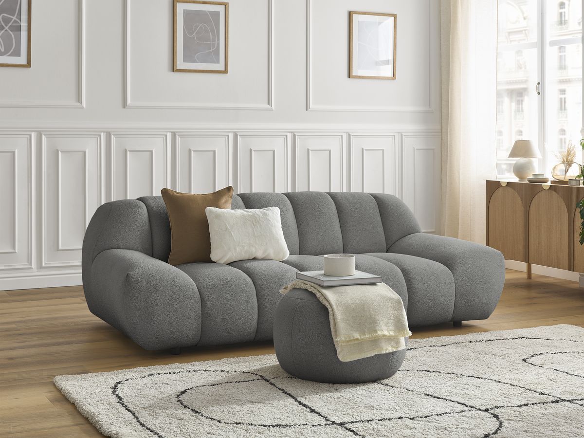 Bobochic Hayden Sofa 3-Sitzer mit Pouf 226 × 107 cm Bouclé-Stoff Dunkelgrau