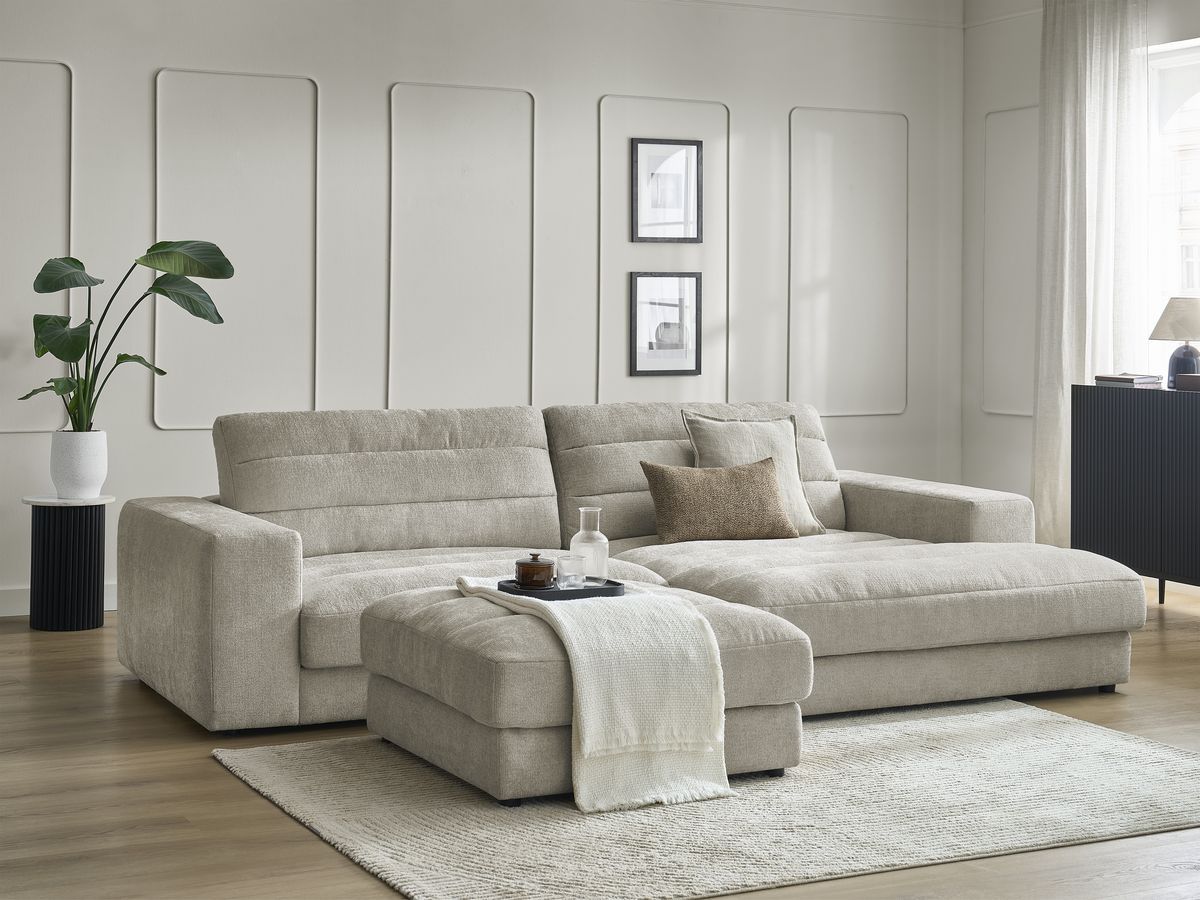 Bobochic Sierra Ecksofa mit Pouf Strukturstoff Taupe Ecke rechts