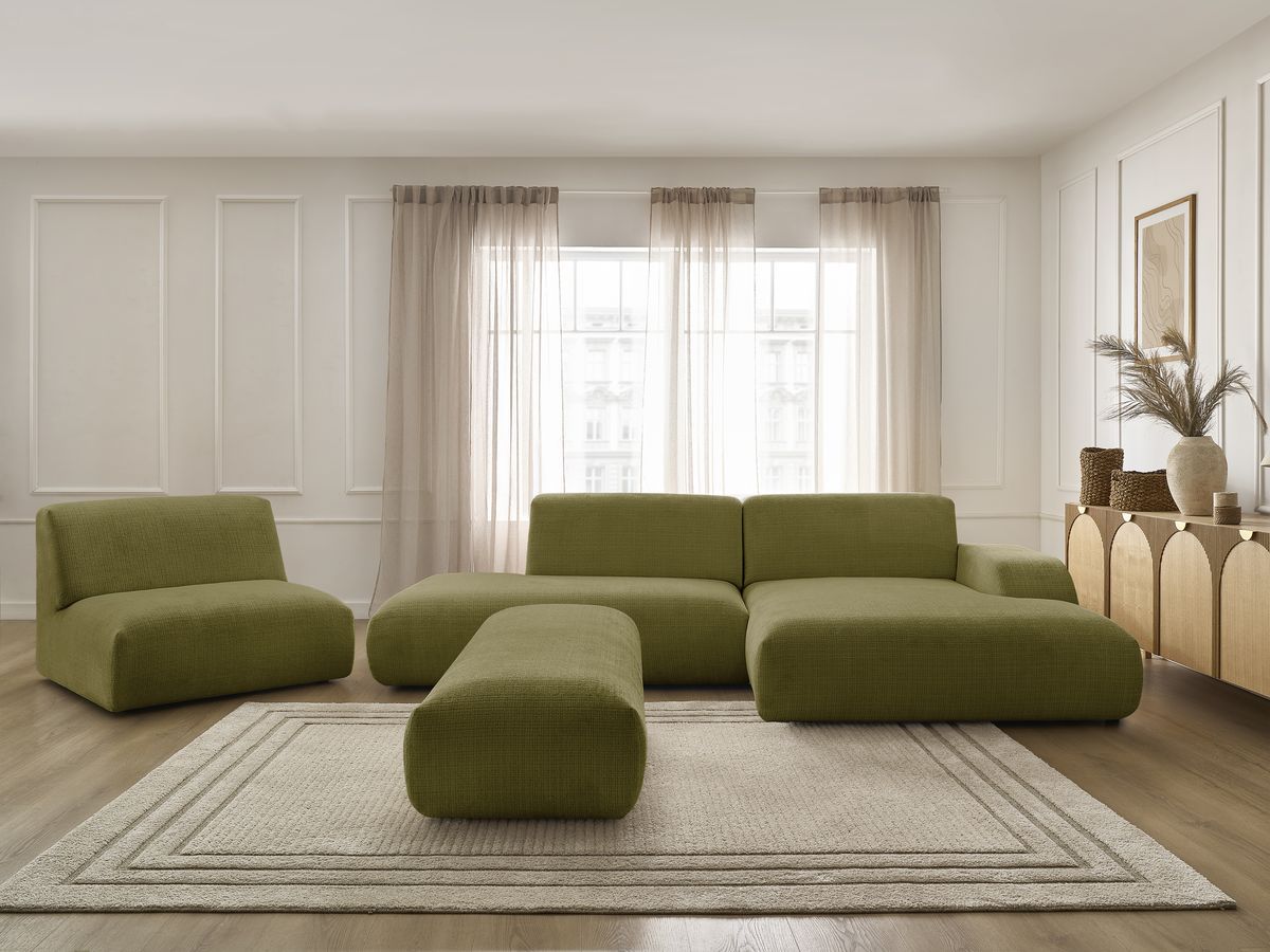 Bobochic Sirius Ecksofa mit Pouf 405 × 170 cm Strukturstoff Grün Ecke rechts