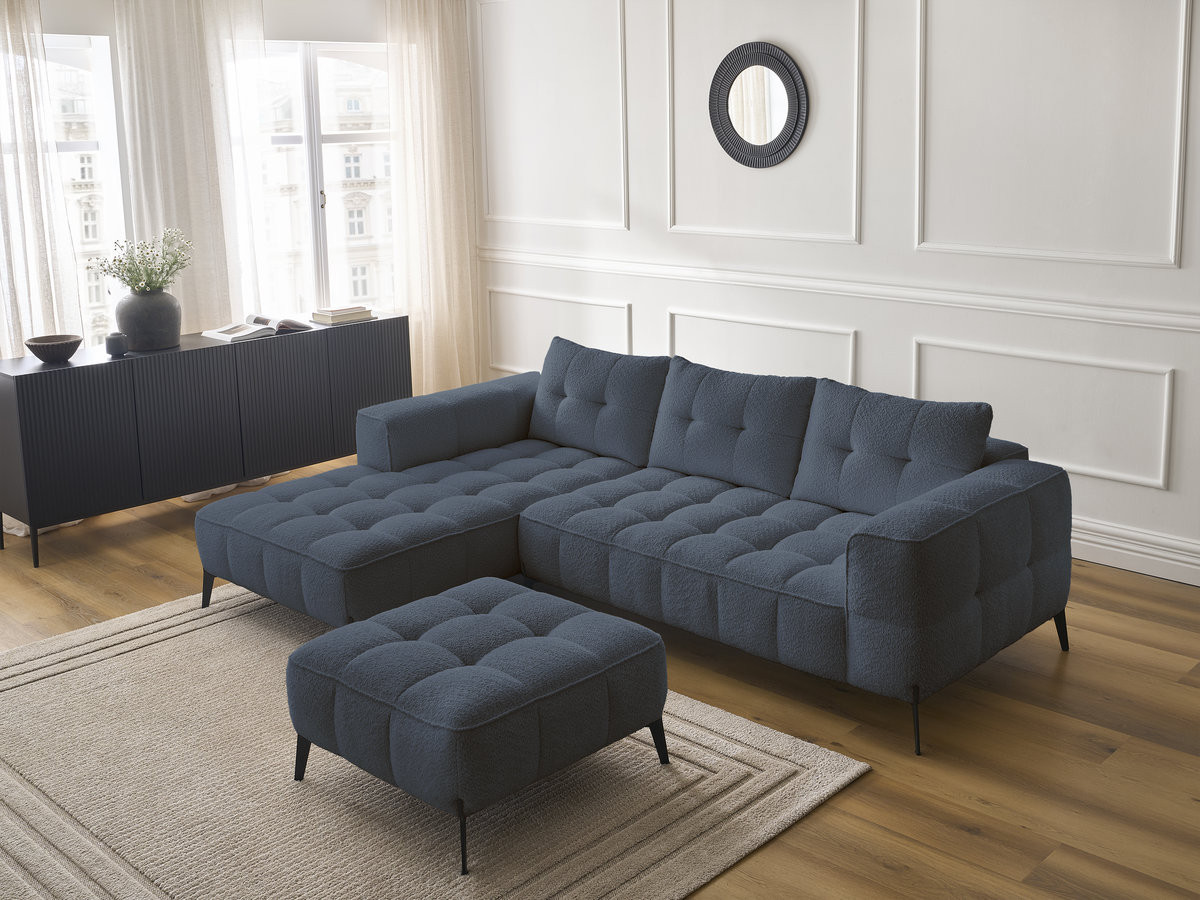 Bobochic Anis Ecksofa mit Pouf Bouclé-Stoff Dunkelblau Ecke links