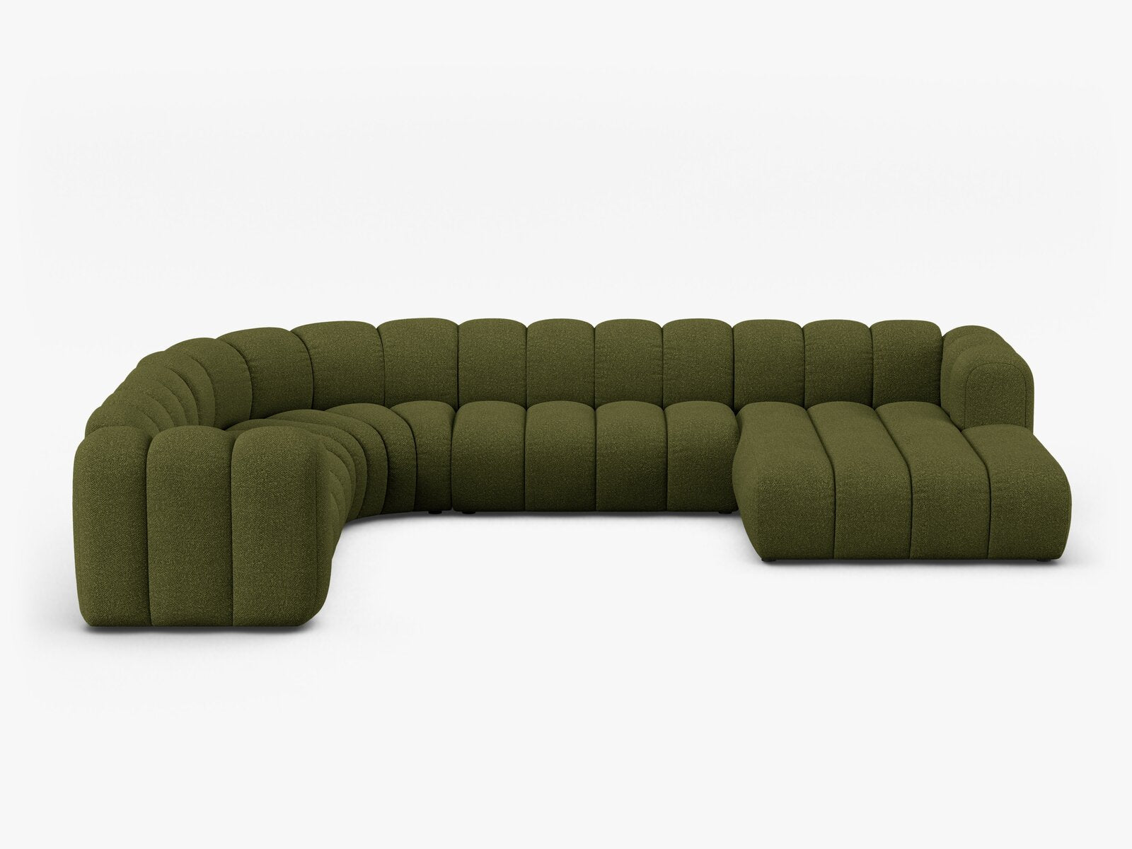 Micadoni Modulares Panorama Ecksofa Lupine 6-Sitzer Links Boucle Baloo Dunkel-Olivgrün