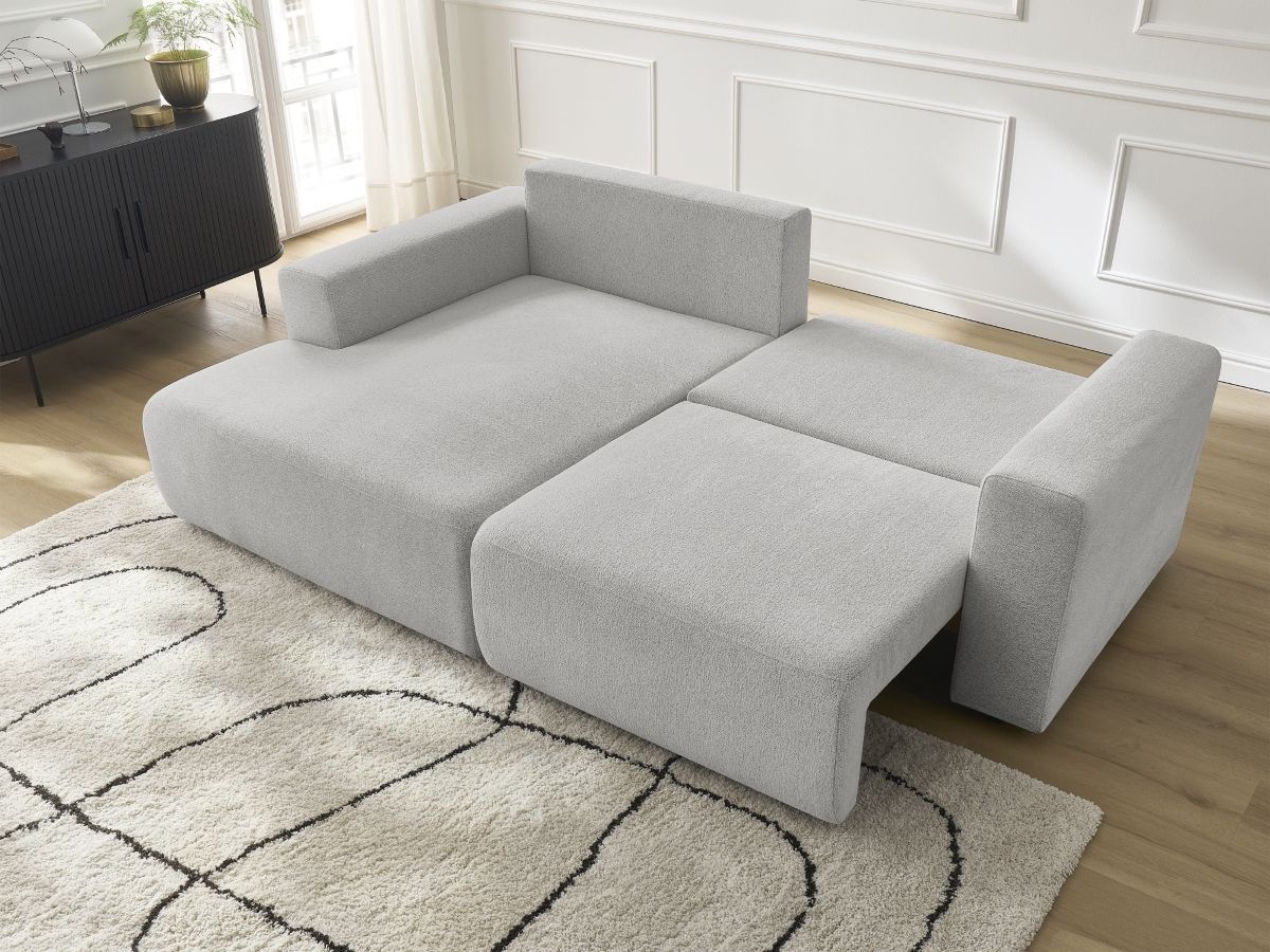 Bobochic Atilla Ecksofa mit Schlaffunktion und Bettkasten Melange-Stoff Hellgrau Ecke links
