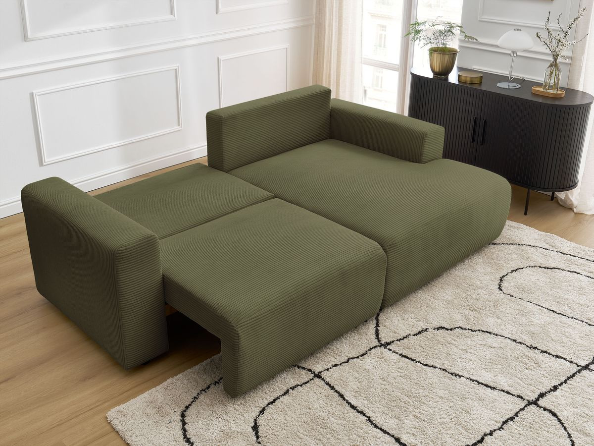 Bobochic Atilla Ecksofa mit Schlaffunktion und Bettkasten Cordsamt Hellgrün Ecke rechts