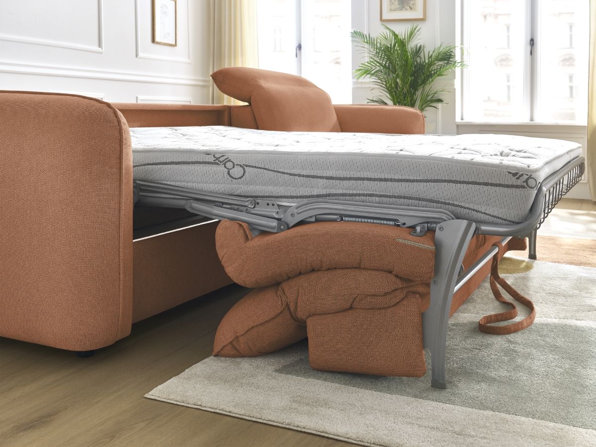 Bobochic Achille Ecksofa mit Schlaffunktion und Bettkasten Melange-Stoff Orange, Liegefläche 160 × 200 cm