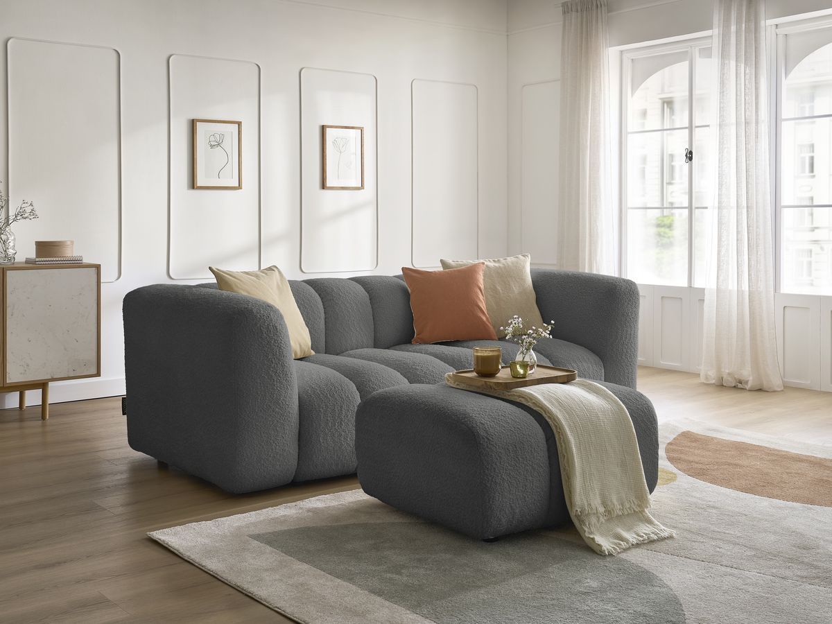 Bobochic Talia Sofa 3-Sitzer mit Pouf Bouclé-Stoff Dunkelgrau