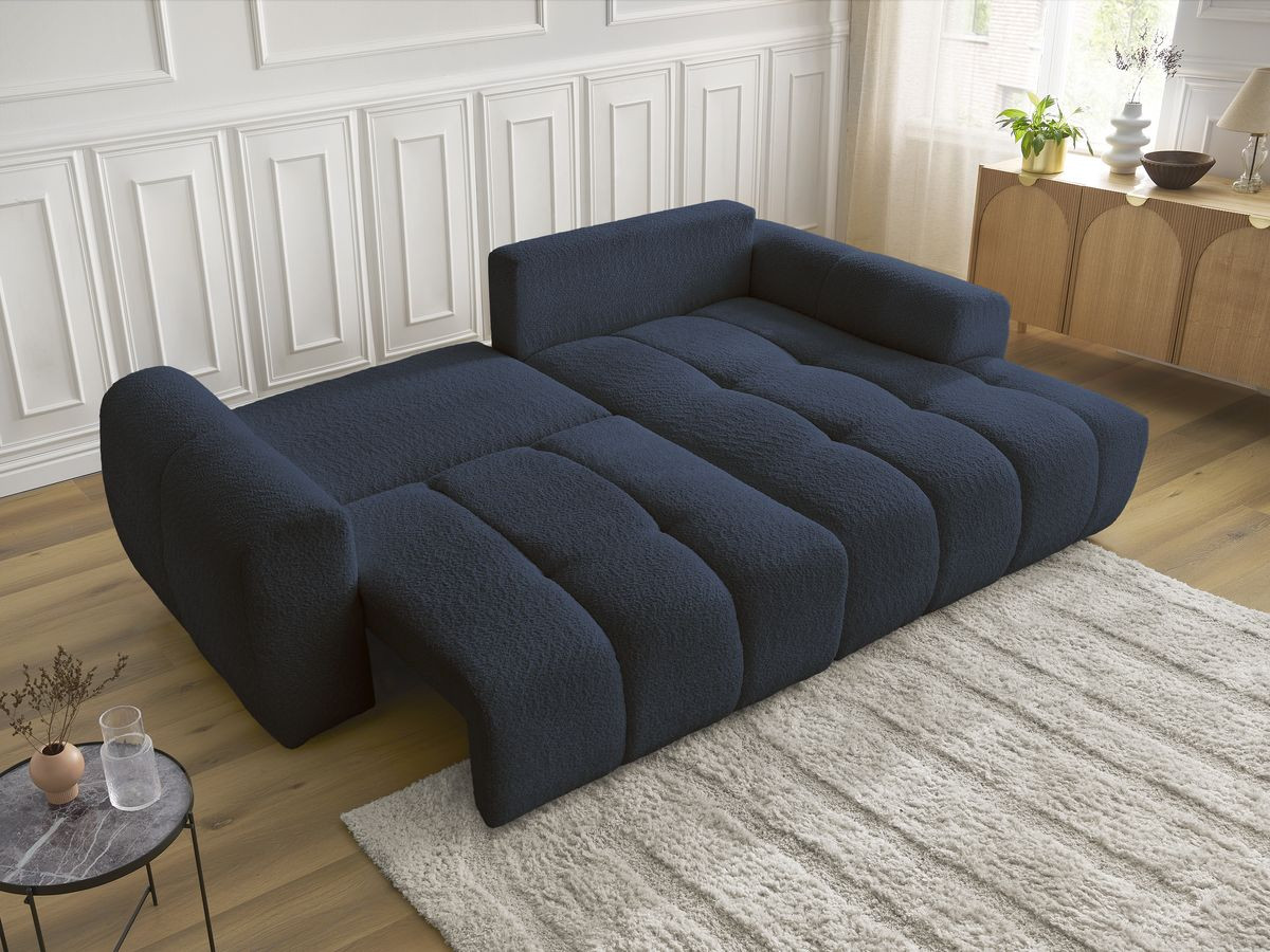 Bobochic Roxelane Ecksofa mit Schlaffunktion und Bettkasten 258 × 150 cm Bouclé-Stoff Dunkelblau Ecke rechts