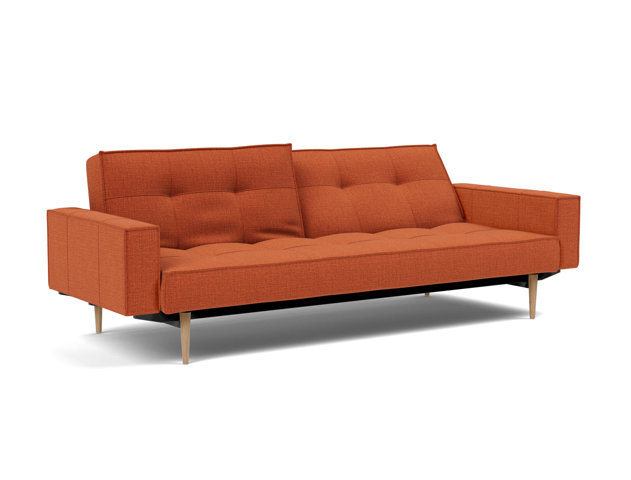 Schlafsofa Splitback mit Armlehnen Chenille Esina 412-Rust-Orange Beine Styletto Eiche hell