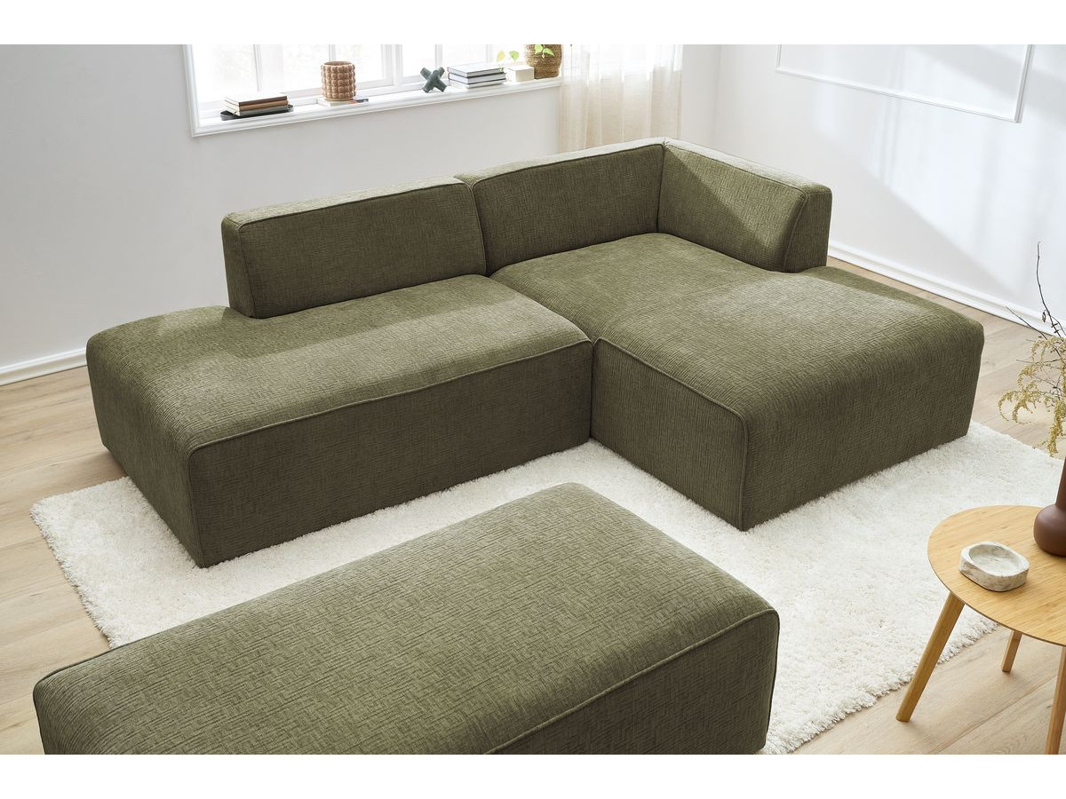 Bobochic Megeve Ecksofa mit Schlaffunktion und Pouf Strukturstoff Grün Ecke rechts