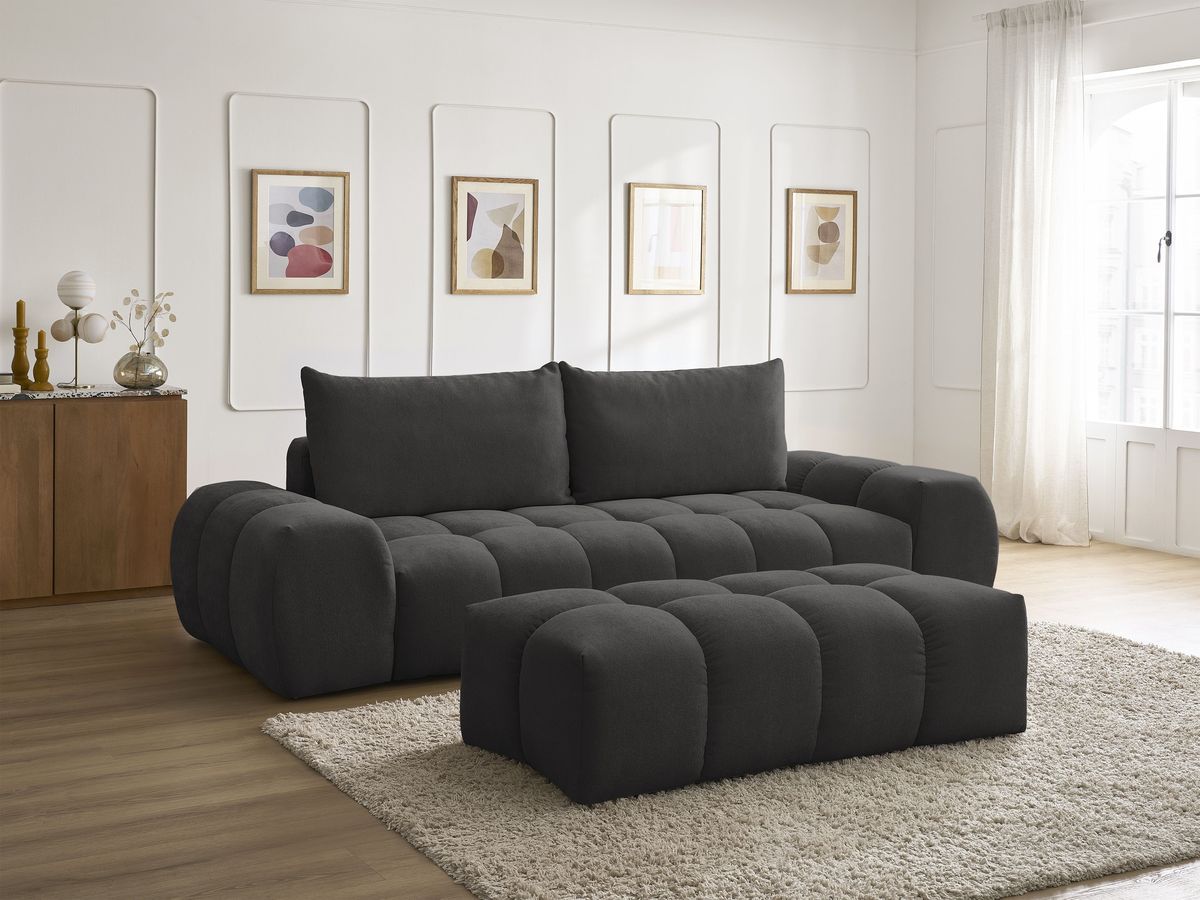 Bobochic Everest Schlafsofa 3-Sitzer mit Bettkasten und Pouf, 2 Kissen Strukturstoff Schwarz